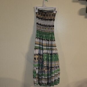 Green and Brown Patterned Maxi Strapless Dress